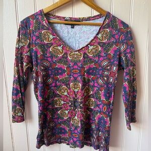 Women's V-Neck Long Sleeve Printed Top - Pink Multi